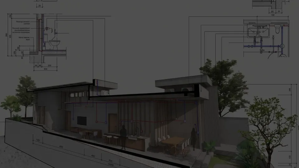 Projeto arquitetônico com plantas técnicas e imagem da edificação